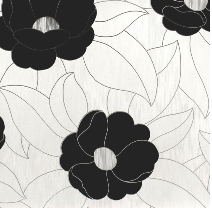 zwart wit silver flower  vinyl  behang