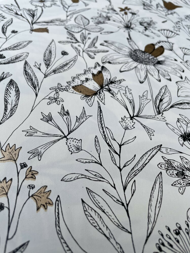 les fleur blanc et noir met goud  vinyl op vlies