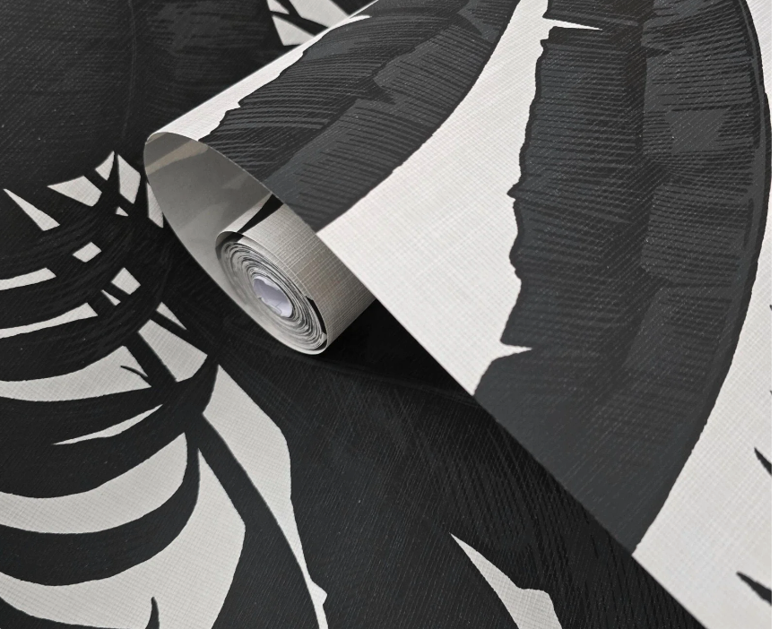 tropical banana leaves off white gray black floral botanical textured wallpaper