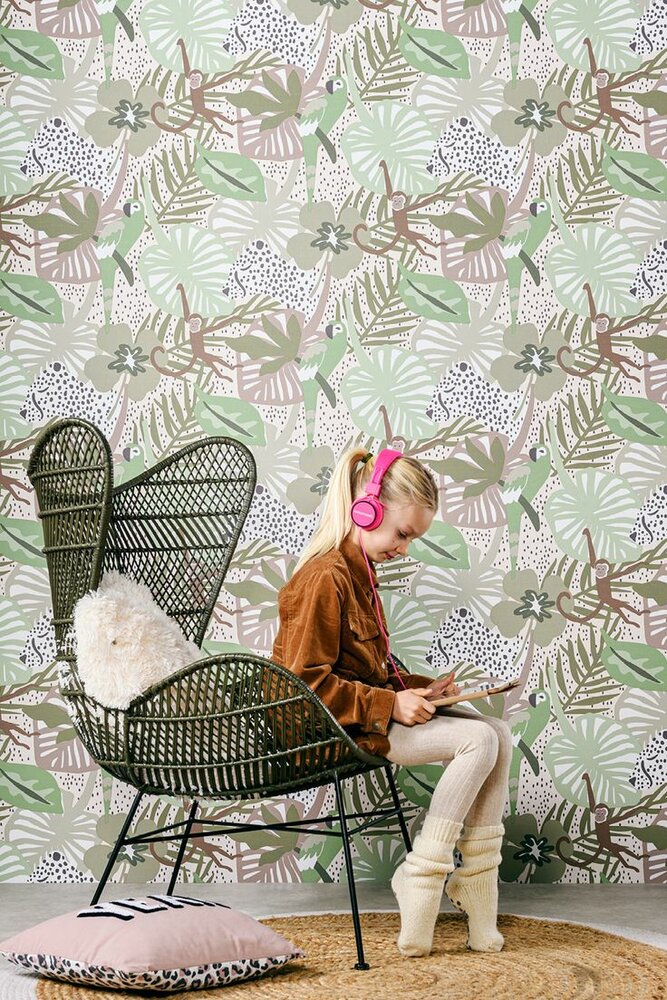  Doodleedoo 220722 - Multicolour bird and monkey jungle   pvc vrij vinyl op vlies