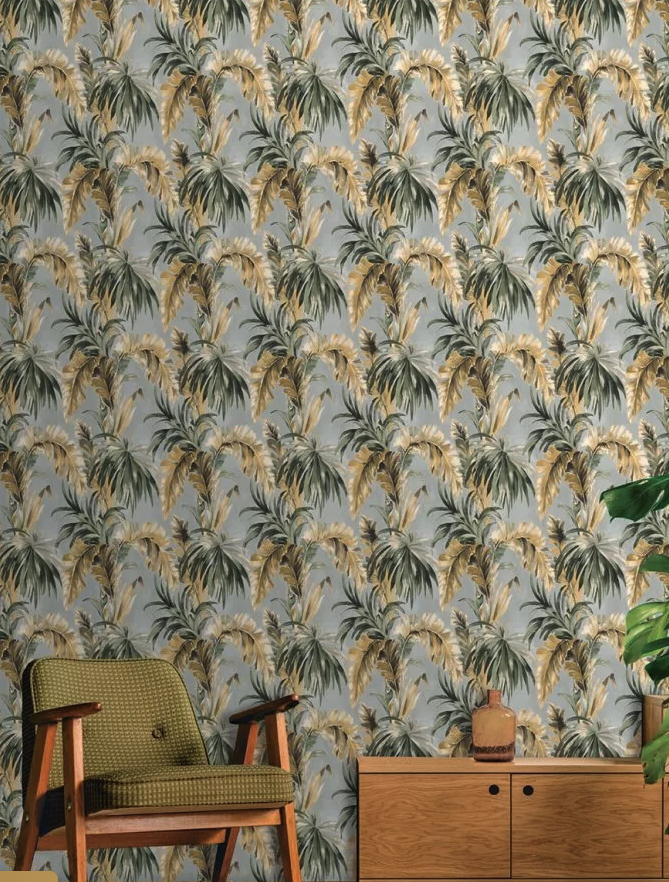 Luxury vlies behang oker grijs groen   hotechique bladeren   pvc vrij  eco deco Essentials