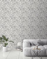 wit soft grijs zwart bladerenvinyl op vlies ecodeco