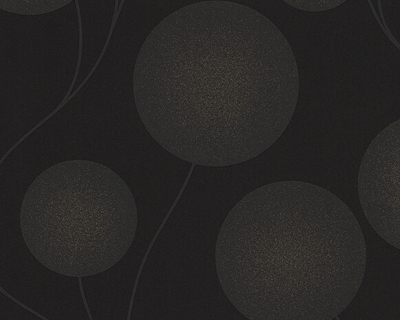 zwart charcoal grafische bloem /rond met  gouden glitter vlies behang