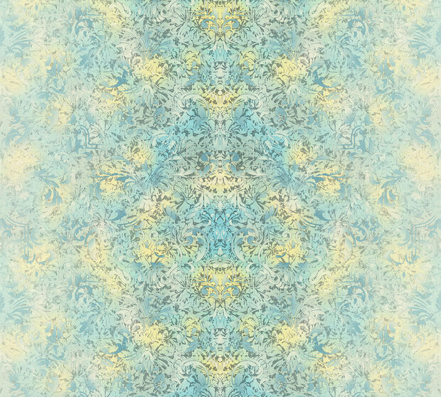 soft metalic turquoise flower burst vliesbehang  dubbel breed 1,06 vlies