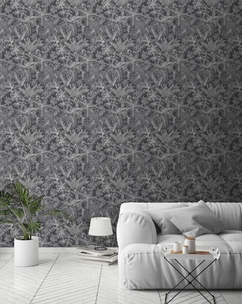 wit soft grijs zwart bladerenvinyl op vlies ecodeco
