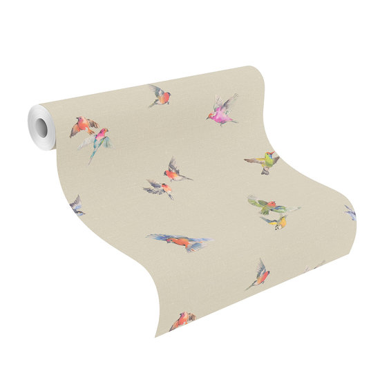  birds of pardise  zacht taupe linnen weefsel met multi colour vogels  vinyl op vlies