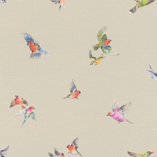  birds of pardise  zacht taupe linnen weefsel met multi colour vogels  vinyl op vlies