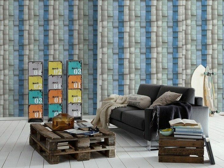 3 d blue retro squares  vlies