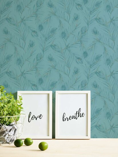 turquoise pauwenveertje met goud glitter  vinyl op vlies1